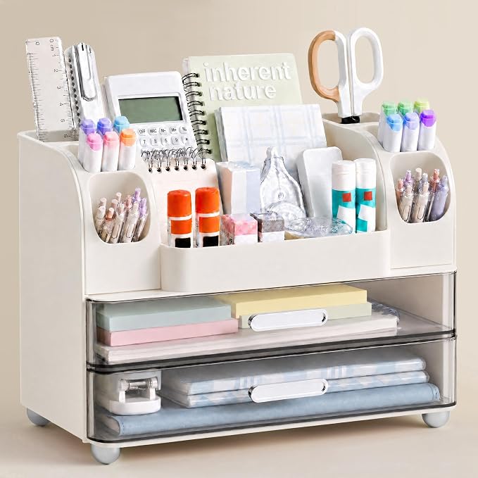 HBlife Desk Organizer with Pencil Pen Organizer for Desk, Pen Holder with 2 Drawers, Desk Organizers and Accessories with Compartments, Desktop Storage for Office Home School Art Supplies, White