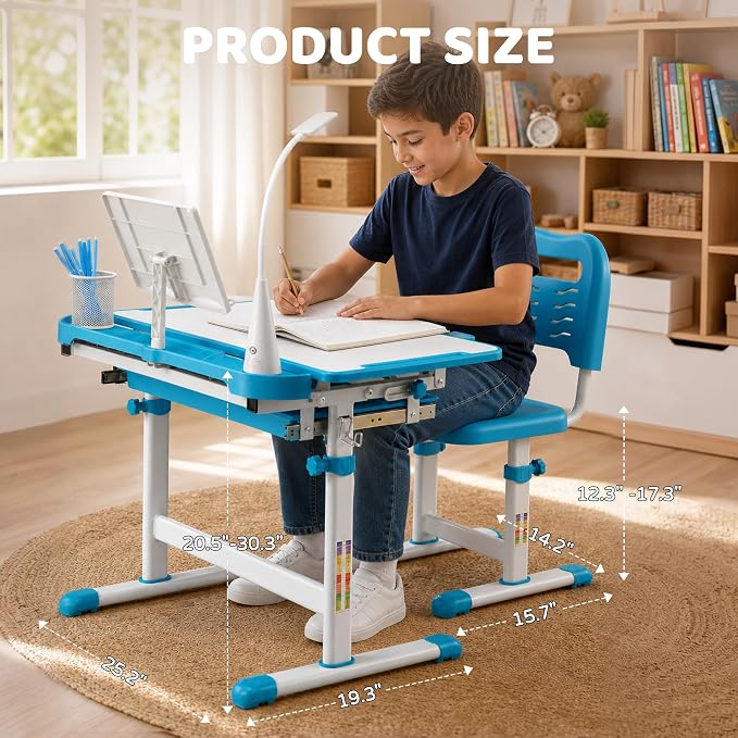 Diroan Kids Desk and Chair Set with LED Light, Height-Adjustable for Age 7+ | Ergonomic, Large 0‑45°desk, Sturdy steel frame, Storage drawer, Bookstand, Metal hook