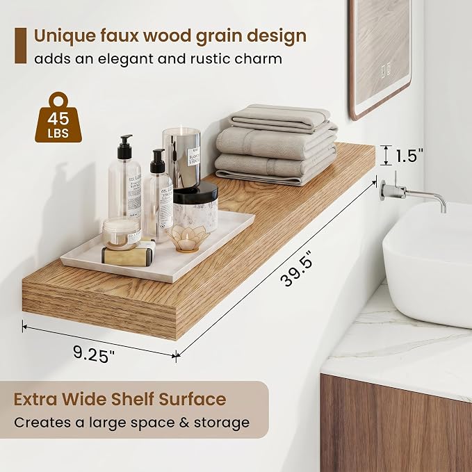Marsmiles 40in Floating Shelves for Wall, 40" W x 9.25" D x 1.25" H, 2 Pack Long Wall Mounted Engineered Wood Shelves with Invisible Brackets for Living Room, Bedroom, Bathroom, Kitchen, Cedar