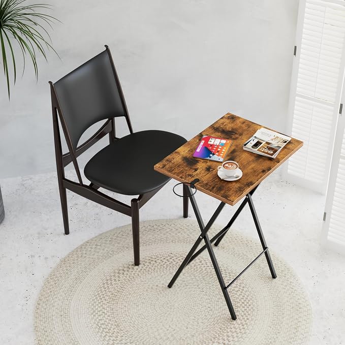 VECELO Folding TV Tray for Eating Set of 2, Portable Dinner/Snack Table with Cup Holder for Couch, Living Room and Small Space, Antique Brown