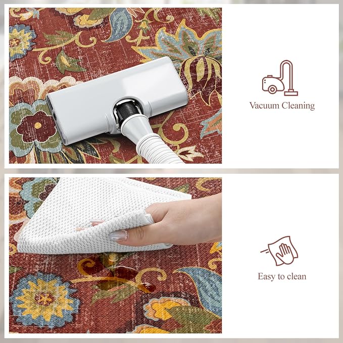 LEEVAN Anti Fatigue Kitchen Mats for Floor, Cushioned Kitchen Mat Set 2PCS | 17.3"x29"+17.3"x47", Boho Floral Coral Red Kitchen Rugs Non-Slip, Waterproof Ergonomic Standing Mat for Laundry, Office, Sink