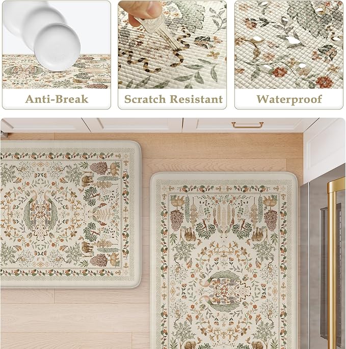 KIMODE Anti Fatigue Kitchen Mats 20"x47"+20"x32", Boho Memory Foam Kitchen Floor Mats Non Slip, Beige Kitchen Mats for Floor, Waterproof Standing Mats for Laundry Office Sink Desk