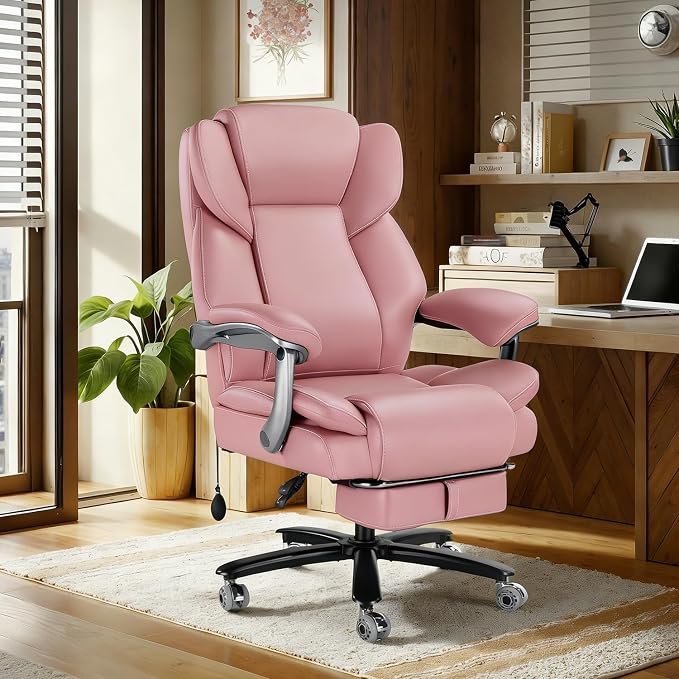 WAILOR 600lbs Big and Tall Office Chair for Heavy People,Heavy Duty Comfy Executive Office Desk Chair with Adjustable Lumbar Support,High Back Reclining PU Leather Computer Chair (Classic, Pink)