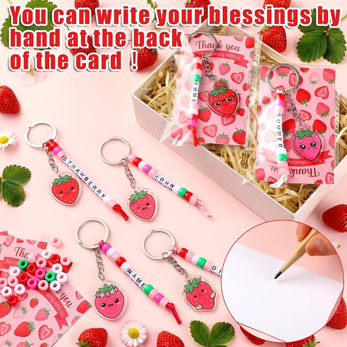 Suncalla 996 Pcs 24 Set Strawberry Keychain Making Kit DIY Summer Key Chain Crafts Bead Adjustable Letter Beads Cards Strings Kit Gift Backpack Accessories First Birthday Party Favors