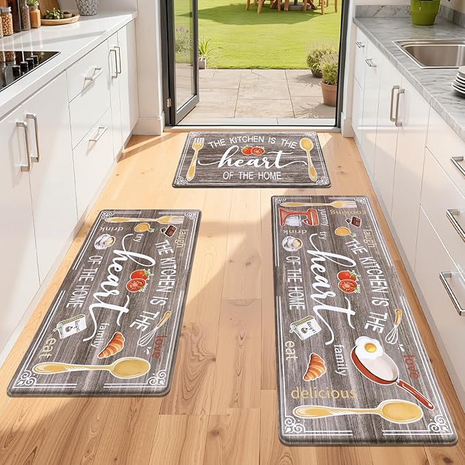 Yamaziot Anti Fatigue Kitchen Rug Set of 3, Non-Slip Cushioned Floor Mats | Waterproof, Stain Resistant, Farmhouse Cushioned Comfort Standing Desk Mat with Runner for Kitchen, Office, Sink, Laundry