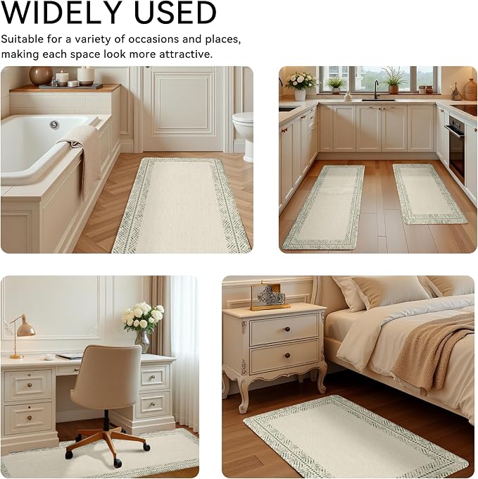 Scalloped Sage Green Vintage Boho Elegance Frame Kitchen Rug Sets [2 PCs], Anti-Fatigue, Waterproof Non-Slip Kitchen Mats Heavy Duty Comfort Foam Rug for Kitchen, Floor, Laundry,17.3"x29"+17.3"x47"