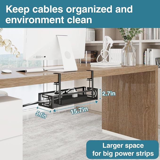 No Drill Under Desk Cable Management Tray, SONATURE 15.7" Cord Organizer for Table, Clamp Mount Desk Cable Management, Premium Carbon Steel Cable Organizer for Office, Home (Black)