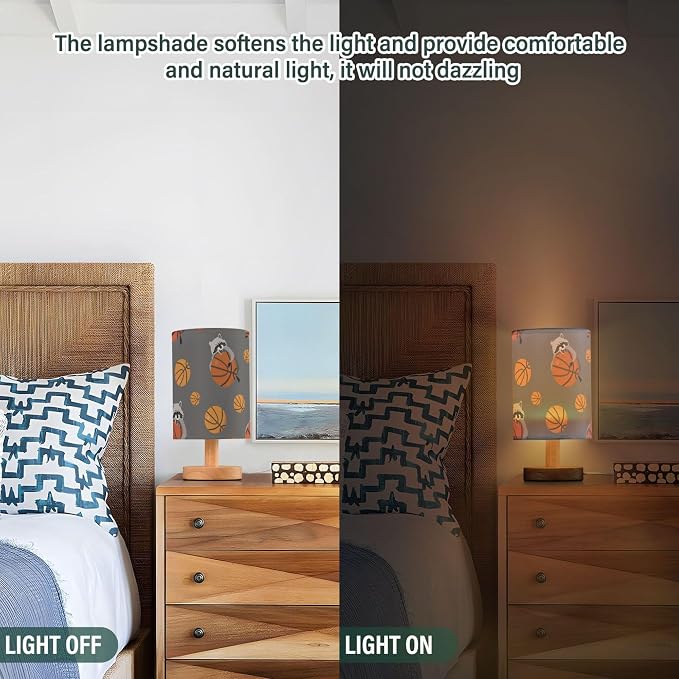 Table Lamp Raccoon Basketball Pattern On Grey Nightstand Lamp with Wood Base Fabric Lamp Shade Bedside Desk Lamp for Living Room Bedroom Kids Room Office