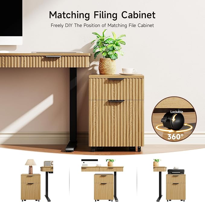 55" Electric Standing Desk with File Cabinet, Height Adjustable Desk,Oak | Standing Desk with Drawers, Roilling Filing Cabinet, File Cabinet with Drawers, Adjustable Desk for Home Office, Work, Study
