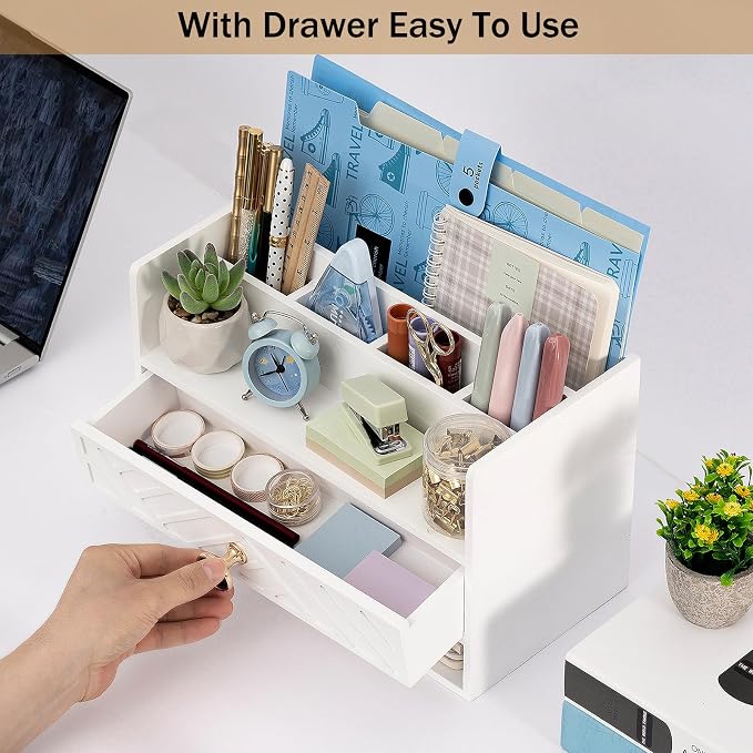 dreampossible white Wood Desk Organizer and Accessories with Drawer, Bill Mail Organizer and File Mail Holder for Office Supplies, Desk Accessories & Workspace Organizers for Desk Organization