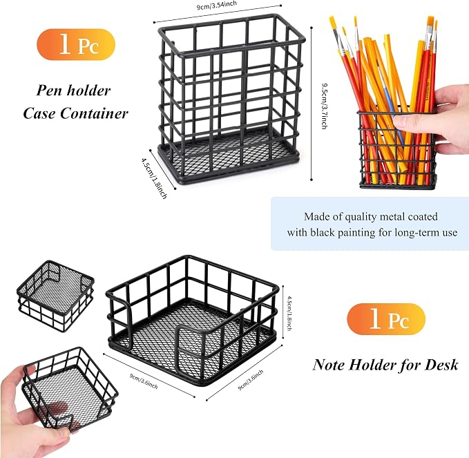 Metal Desk Organizer Set of 2, Black Wire Pencil Holder and Sticky Note Holder, Modern Minimalist Heavy-Duty Desk Accessories for Office, Home & School
