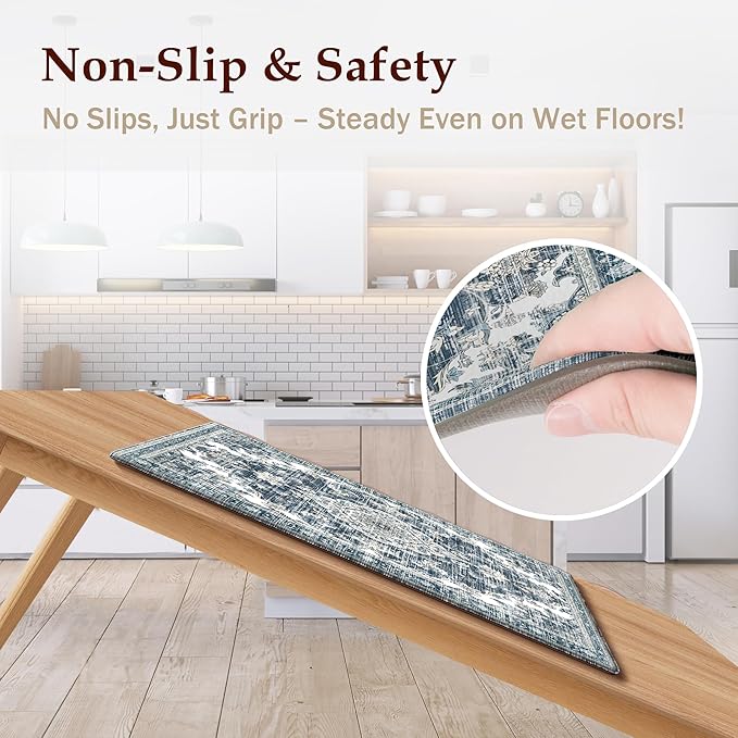 Boho Kitchen Mats for Floor 2 Piece Set Anti Fatigue Cushioned PVC Kitchen Rugs Non Slip Waterproof Farmhouse Mats 2/5 Inch Comfort Standing Mat for Sink, Laundry, 23.6"x39"+23.6"x59", Dark Blue