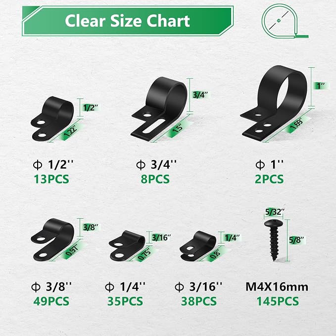 290PCS Nylon R-Type Cable Clips for Cable Management with M4 Screw, 6 Sizes | Good Ductility, Fireproof, 6 Sizes (3/16'' 1/4'' 3/8'' 1/2'' 3/4'' 1''), 145pcs M4 Black Screws, for TV/PC/AC Cables & Wires