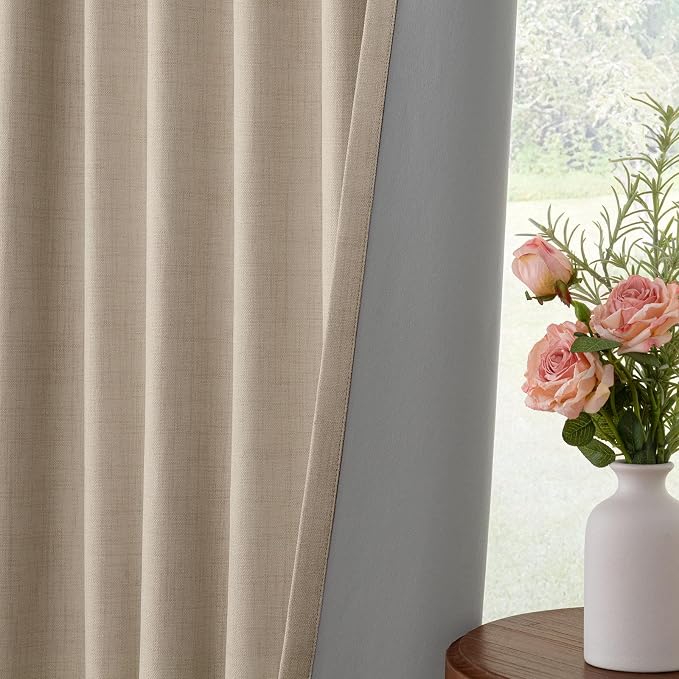 INOVADAY 100% Blackout Curtains for Bedroom, Black Out Curtains 84 Inch Long, Clip Rings Linen Blackout Drapes, Thermal Insulated Room Darkening for Living Room, 2 Panels - Burlywood Birch,W50xL84