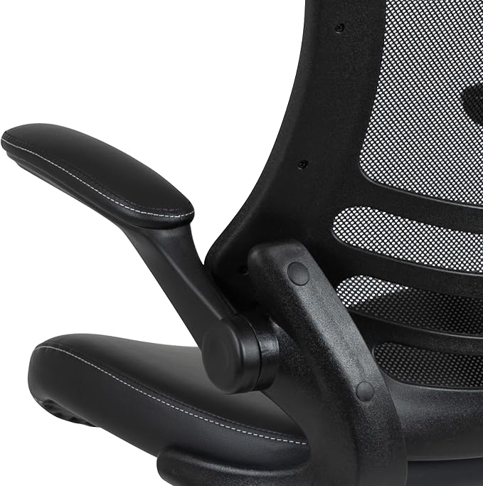 Flash Furniture Kelista Mid-Back Swivel Office Chair with Adjustable LeatherSoft Seat Height, Ergonomic Mesh Chair with Flip-Up Arms, Black | Leather soft Seat, Mid-Back, Flip-Up Arms, Mesh Back, Adjustable Foot Ring