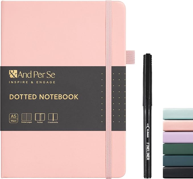 &And Per Se Dotted Journal and Pen Set, A5 Leather Hardcover Dotted Notebook, 160 Pages 100GSM Thick Paper Dot Grid Journal with Fineliner Pen (Pink)