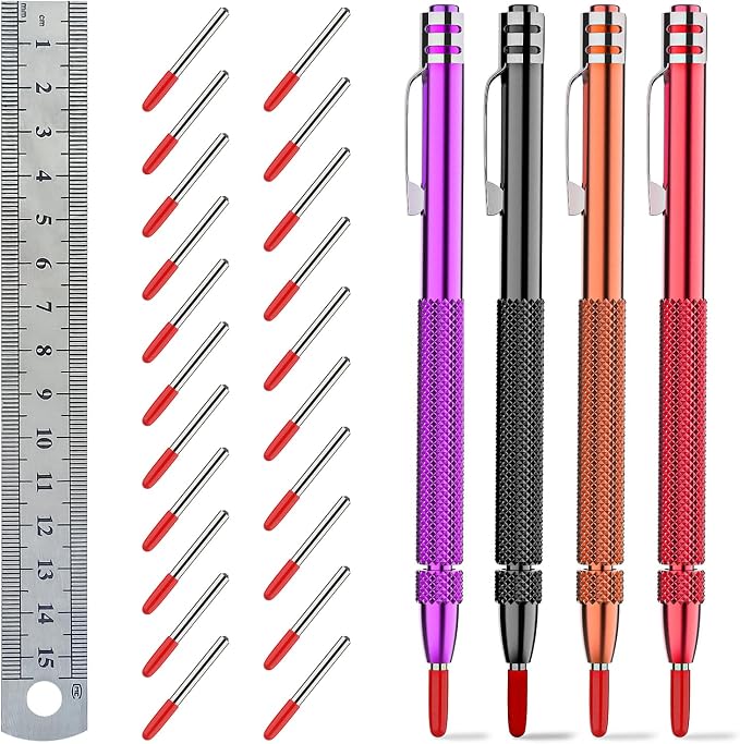 Glieskir 4 Pack Tungsten Carbide Scriber with Magnet,with Extra 21 Replacement Marking Tip And 6-Inch Ruler,Etching Engraving Pen for Glass/Ceramics/Metal Sheet