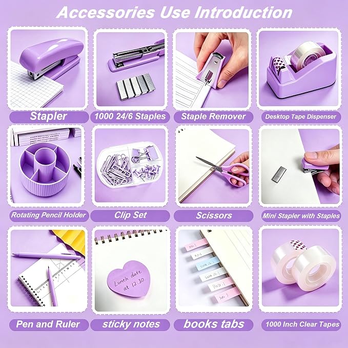 Office Supplies Set Rotating Pen Holder for Desk with Stapler Staple Remover Tape Dispenser 2pcs Tape Refills Binder Paper Clips Kit Scissor Pen Ruler & Sticky Tabs Pink Office School Supplies(Purple)