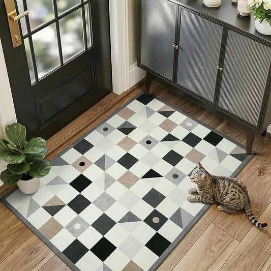 Terrug 3x5 Checkered Rug for Entryway, Grey and Beige Geometric Area Rugs Washable with Non Slip for Kids Room, Soft Low Pile Stain Resistance Carpet for Kitchen