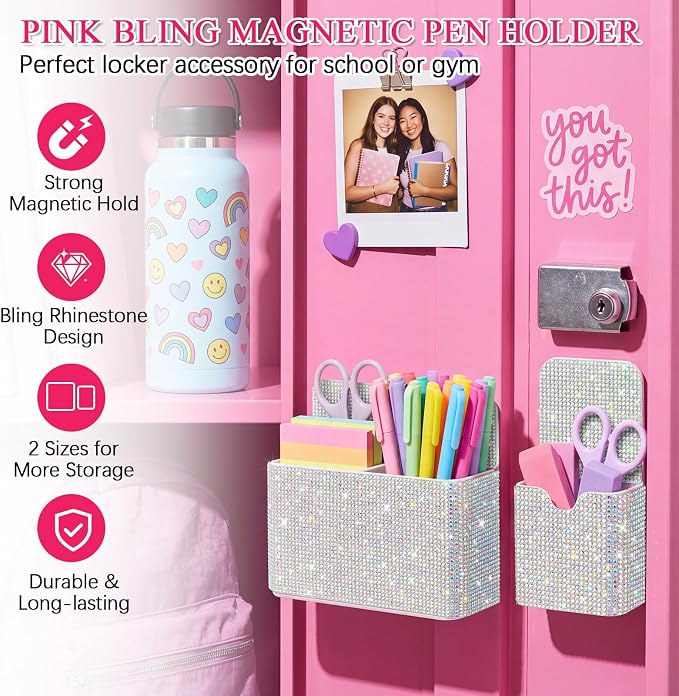 MotiMind 2 Pcs AB Color Bling Magnetic Marker Holder Women Girl Locker Accessories Marker Pen Pencil Holder for Refrigerator Whiteboard Sparkly Gift Desk Organizer for School Office (Rhinestone)
