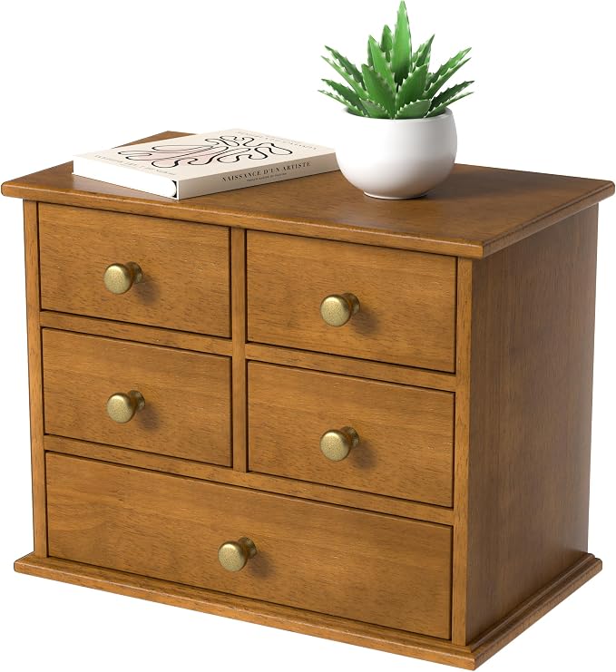 Oak Desk Organizer with Drawers, Durable Wooden Desktop Storage Box | 5 Drawer Tabletop Organizer with Metal Handles & Non-Slip Pads for Office, Bedroom, Bathroom, Vanity & Makeup Storage, Walnut