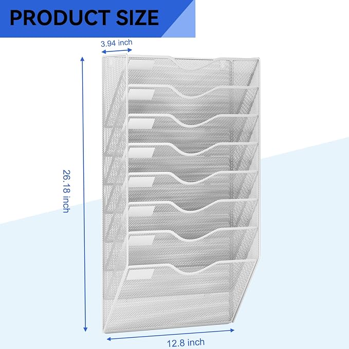 8 Pockets Mesh Hanging Wall File Holder Organizer Wall Mounted Paper Magazine Rack, Silver