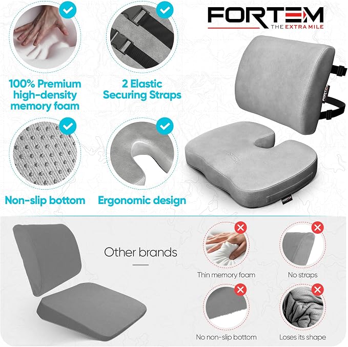 FORTEM Seat Cushion, Office Chair Cushion, Lumbar Support Pillow for Office Chair, Memory Foam Car Seat Cushions, Sciatica Coccyx Tailbone Pain Relief, Cushions for Back Support, Washable, Non Slip XL