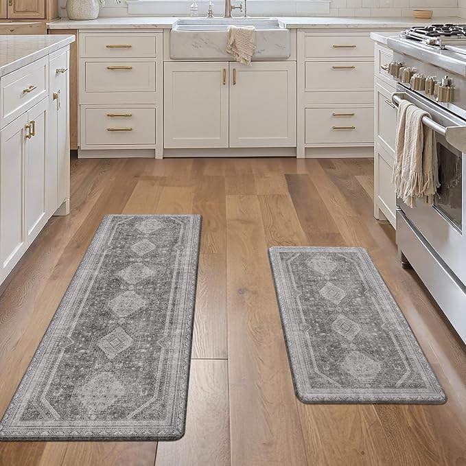 GENIMO Kitchen Mats for Floor 2PCs, Washable Anti Fatigue Mat for Cushioned, 17.3"x47"+17.3"x30", Waterproof Kitchen Rugs, Non Slip Comfort Standing Mat Rug for Home, Sink, Laundry, Ash Gray