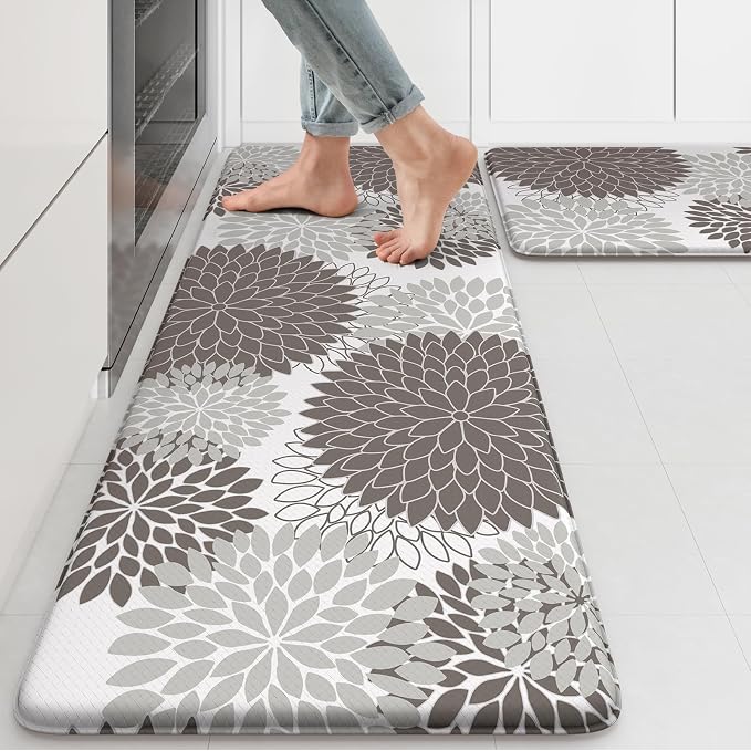 KIMODE Anti Fatigue Mats for Kitchen Floor Cushioned Kitchen Rugs Sets of 2 | 17"x47"+17"x29",Grey,Dahlia Floral Boho,Non Slip Rubber Backing,Waterproof,Wipe Clean,Standing Mat for Office Laundry Sink