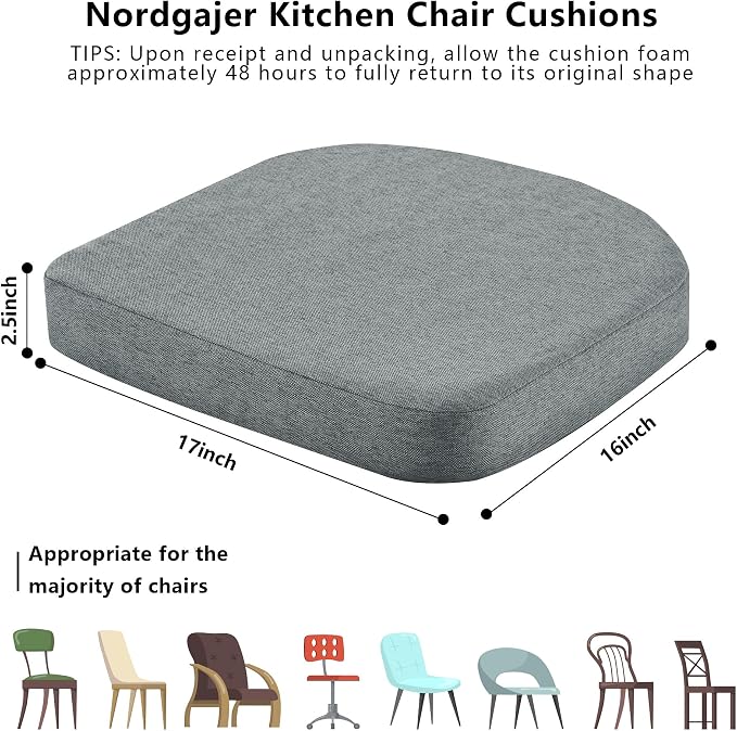 Nordjager Chair Cushions for Dining Chairs, 4 Pack Memory Foam Cushion | 2.5" Thick Chair Cushion; Waterproof Surface with 17" x 16" Size for Kitchen & Dining Chairs, Secure Ties and Washable Cover.