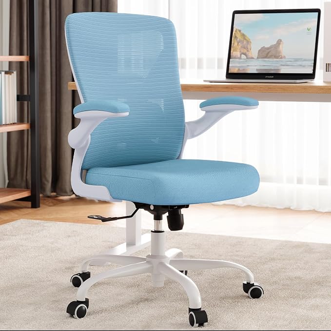 Office Chair Ergonomic Desk Chair Comfy: 330LBS Mesh Computer Chair Ergonomic Gaming Chairs with Wheels Adjustable Lumbar Support and Flip up Armrest-Swivel Executive Chairs Long Hours(Sky Blue)