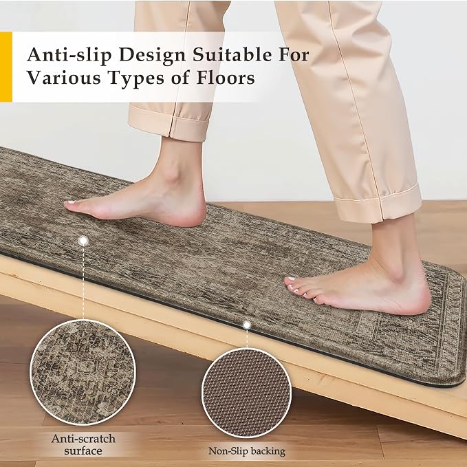 PureCozy Kitchen Mats for Floor Anti Fatigue Cushioned Brown Vintage Kitchen Mats Waterproof Non Slip Comfort Standing Distressed Runner Rug for Sink Laundry Office Bathroom 17.3"x59"
