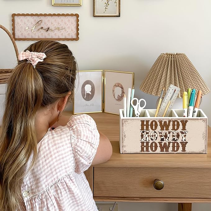 Western Pen Pencil Holder for Desk, Cowboy Gifts, Cowgirl Gifts for Women, Western Office Decor, Retro Country Howdy Southwestern Wooden Box Sign Decorations for Home Office Desk Tabletop