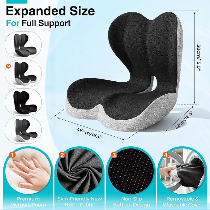 Seat Cushion for Office Chair and Car, L-Shaped Memory Foam Truck Driver Seat Cushion, Ergonomic Sciatica & Tailbone Pain Relief Cushion with Non-Slip Breathable Cover, Back Support for Office Chair