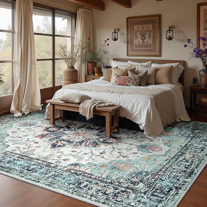RELEANY Area Rugs Large 10'x12' Washable Non-Slip, Floral Vintage Distress Medallion Carpet for Living Room Bedroom Dining Room, Green Navy Blue White Red Teal