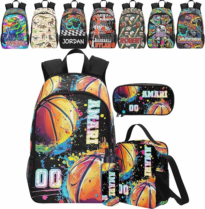 Personalized Colorful Basketball Backpack with Name Back to School Supplies Bookbag for Kids Boys Custom Balls Player Schoolbag and Water Bottle Cup&Pencil Pouch School Backpacks with Lunch Box Set
