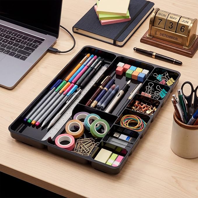 2 Pcs Shallow Drawer Organizers 14" x 9" x 1" Desk Drawer Organizer Tray with 9 Storage Compartments for Home Office Classroom School Organizing Pens Paper Clips Sticky Notes (Black)