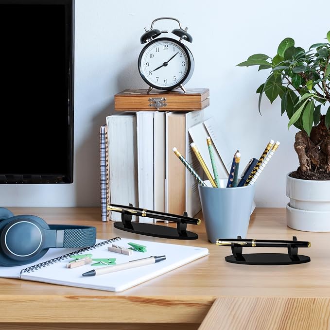 6 Pcs Black Acrylic pen holder for desk Reusable Single pen display stand Horizontal makeup brush rack for Fountain Pen Pencil Wand Paintbrush,Home Office School Desktop Storage Rack