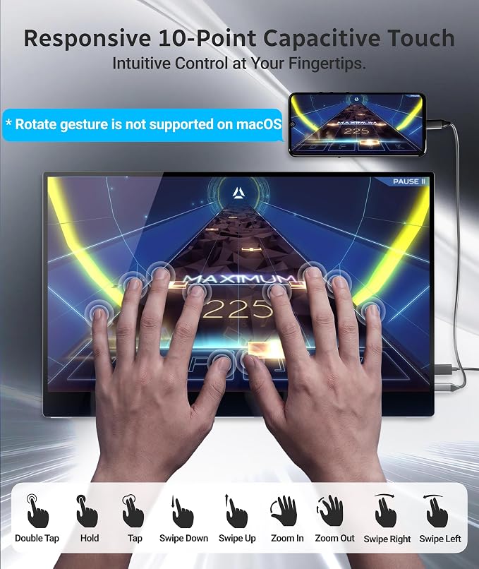 Ingnok Portable Monitor,15.6 inch 10 Point Touchscreen, FHD 1080P Laptop Screen Extender,Multi-Touch Gestures for Laptop,Mac, DC Dimming EyeCare, Adjustable Stand,USB C HDMI | FHD 1080P,USB C mini HDMI for Laptop,Mac,mini PC,Built in Speakers,with Adju...