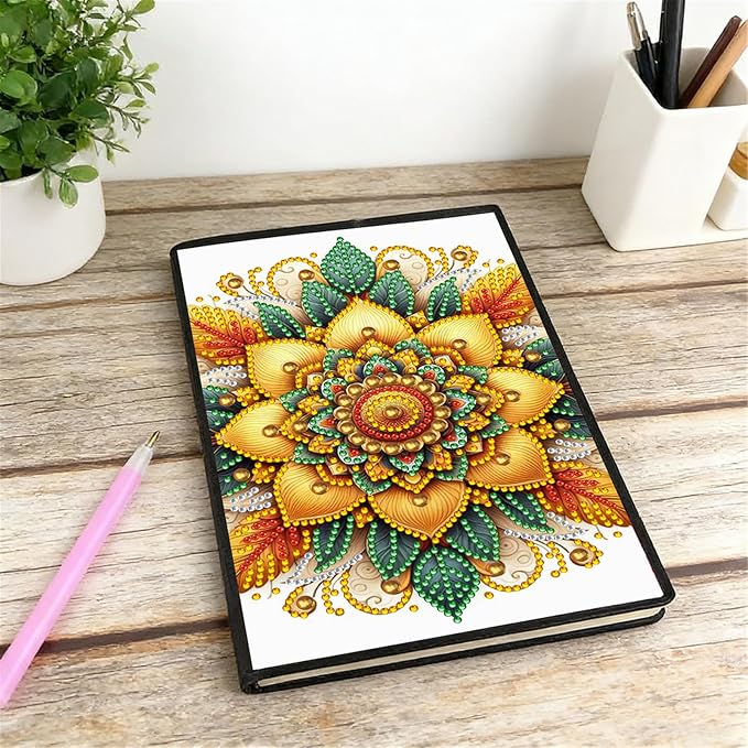 FRANDEK Diamond Art Painting Notebook Kit, Yellow Mandala A5 DIY Journal with 50 Blank Pages, Crystal Rhinestone Cover with Waterproof Canvas, Beginner Craft Set with Full Tools for Adults