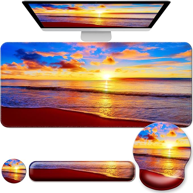 Desk Mat Set + Keyboard and Mouse Pad with Wrist Rest Support,4-in-1 Large Mousepad Computer Mats for Desktop Home & Office-Golden Beach