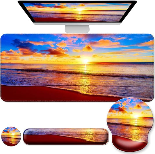 Desk Mat Set + Keyboard and Mouse Pad with Wrist Rest Support,4-in-1 Large Mousepad Computer Mats for Desktop Home & Office-Golden Beach
