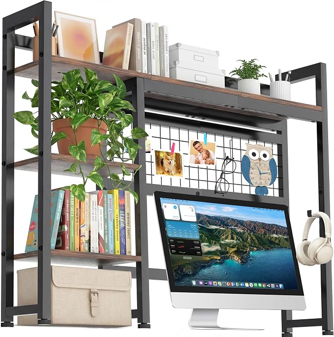 Desktop Shelf, 38.5'' Desktop Organizer Shelf for Computer Monitor, 4 Tier Hutch Storage Rack for Home Office Dorm, Rustic Brown