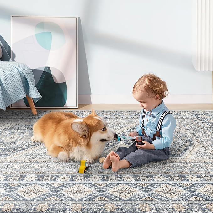 3x8 Runner Rug Kitchen Washable:Oriental Indoor Hallway Runners with Non Slip Backing Floor Mat for Entryway Door Low Pile Thin Carpet for Bedroom Bathroom Living Room Bedside (Blue, 3x8)