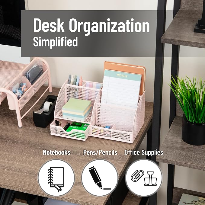 Mind Reader 7-Compartment Desktop Organizer, Metal Mesh Desk Organizer for Pens, Sticky Notes, Mail and Office Supplies, Pink