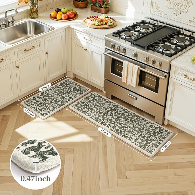LEEVAN Green Kitchen Mat Sets of 2, Vintage Distressed Anti Fatigue Memory Foam Kitchen Floor Mat for Laundry,Non Slip Cushioned Standing Mat for Home, Office, Desk,Sink(17''x29''+17''x47'')