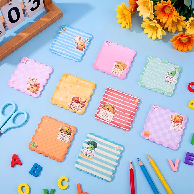 9 Pcs Scalloped Aesthetic Sticky Notes 3x3 Inch Vintage Colors Cute Wavy Self Sticky Note Pads Memo Pads for Journal School Office Supplies Decoupage Craft Stationery Gift (Cartoon)