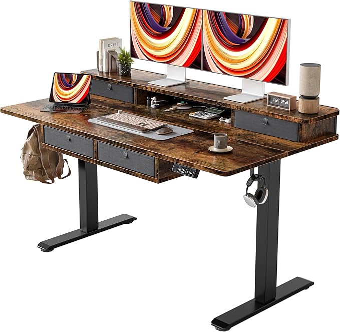TIQLAB 55 * 28 Inch Standing Desk with Four Drawers, Electric Sit Stand Table, Stand Up Desk Adjustable Height with Storage Shelf, Splice Board, Deep Vintage