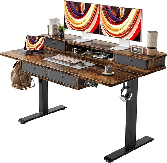 TIQLAB 55 * 28 Inch Standing Desk with Four Drawers, Electric Sit Stand Table, Stand Up Desk Adjustable Height with Storage Shelf, Splice Board, Deep Vintage