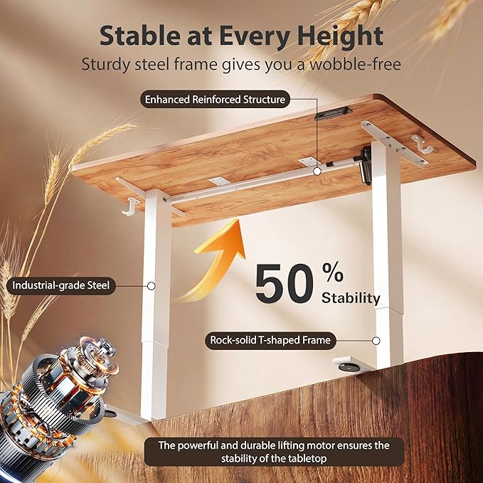 Cubiker Standing Desk, 55x28 Inches Sit Stand Home Office Desk, Electric Stand up Desk, Adjustable Desk with Splice Board, White Frame/Light Rustic Top